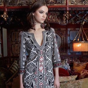 Alice + Olivia Lowell Embroidered Aztec Chiffon Tunic Dress  M